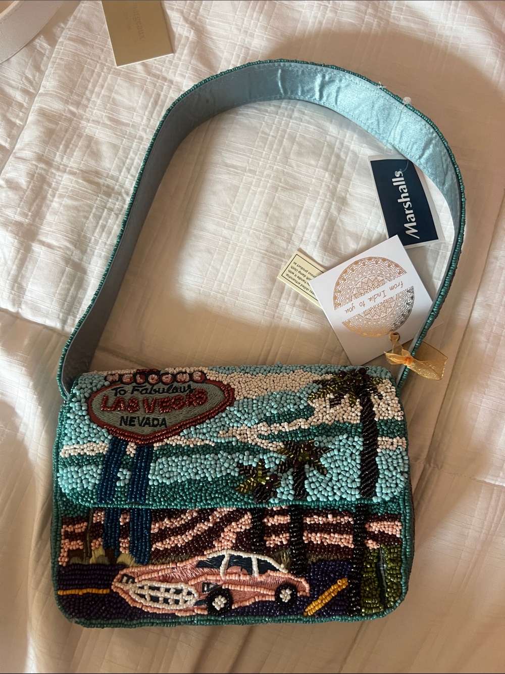 Marshalls Teal Beaded Las Vegas Scene Shoulder Bag